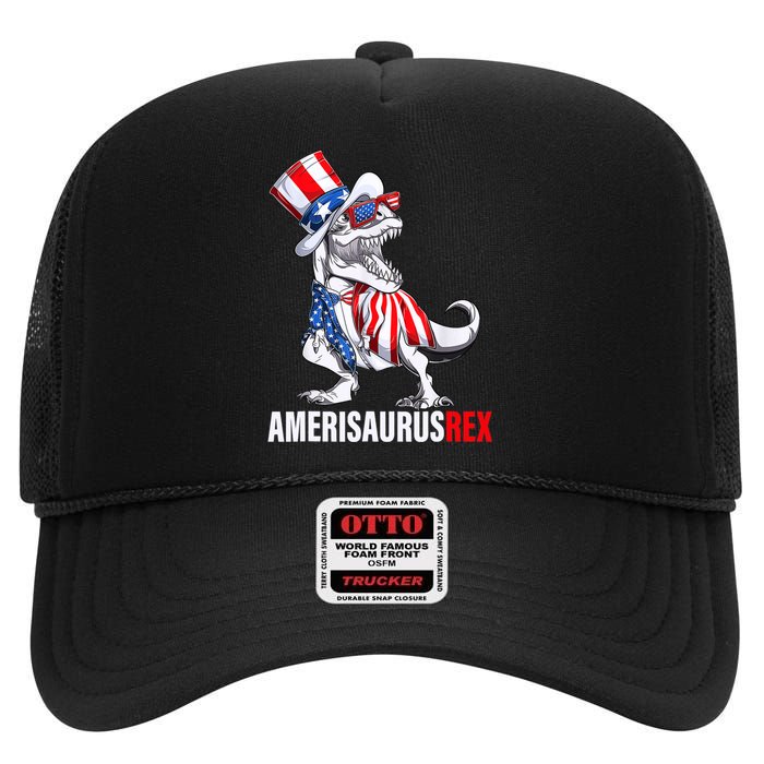 4th Of July T Rex Dinosaur Amerisaurus Rex High Crown Mesh Back Trucker Hat