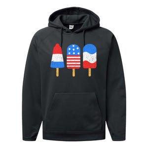 4th Of July Ice Pops Red White Blue American Flag Patriotic Performance Fleece Hoodie