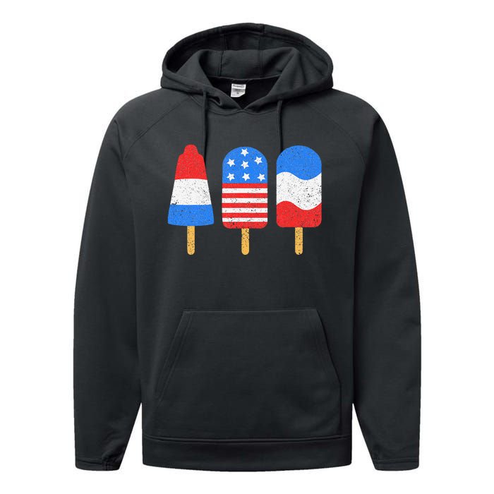 4th Of July Ice Pops Red White Blue American Flag Patriotic Performance Fleece Hoodie