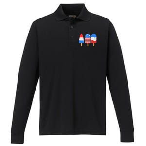 4th Of July Ice Pops Red White Blue American Flag Patriotic Performance Long Sleeve Polo