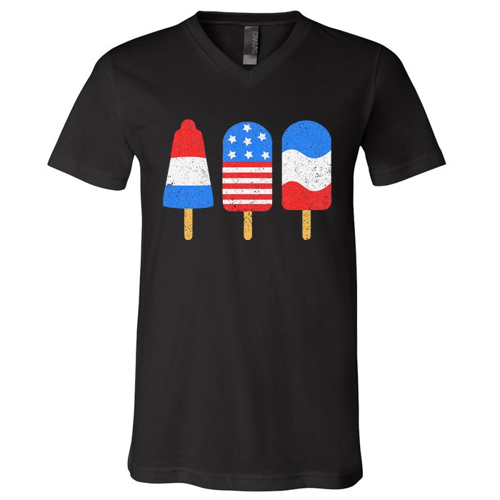 4th Of July Ice Pops Red White Blue American Flag Patriotic V-Neck T-Shirt