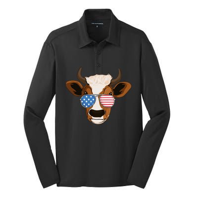 4th Of July Patriotic Cow Usa American Flag Cow Lover Farmer Gift Silk Touch Performance Long Sleeve Polo