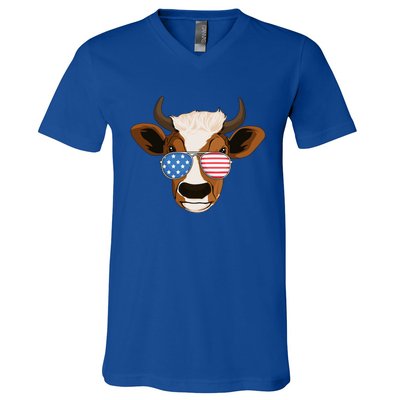 4th Of July Patriotic Cow Usa American Flag Cow Lover Farmer Gift V-Neck T-Shirt