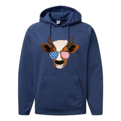 4th Of July Patriotic Cow Usa American Flag Cow Lover Farmer Gift Performance Fleece Hoodie