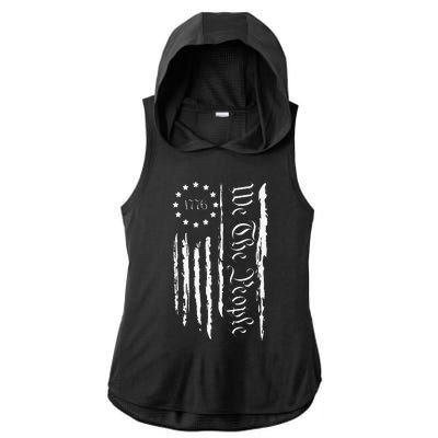 4th of July 1776 Patriotic  USA Flag Ladies PosiCharge Tri-Blend Wicking Draft Hoodie Tank