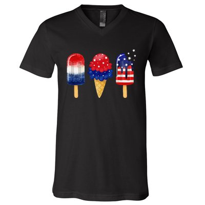 4th of July Popsicle American Flag Patriotic Summer V-Neck T-Shirt