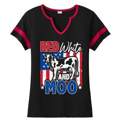 4th Of July Us Flag Red White Moo Farmer Cow Gift Ladies Halftime Notch Neck Tee