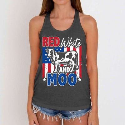 4th Of July Us Flag Red White Moo Farmer Cow Gift Women's Knotted Racerback Tank