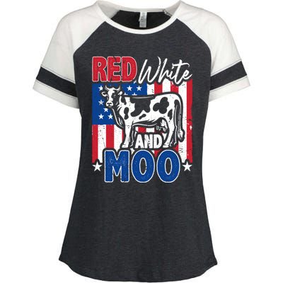 4th Of July Us Flag Red White Moo Farmer Cow Gift Enza Ladies Jersey Colorblock Tee