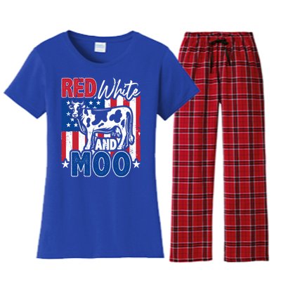 4th Of July Us Flag Red White Moo Farmer Cow Gift Women's Flannel Pajama Set