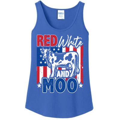 4th Of July Us Flag Red White Moo Farmer Cow Gift Ladies Essential Tank