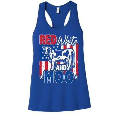 4th Of July Us Flag Red White Moo Farmer Cow Gift Women's Racerback Tank