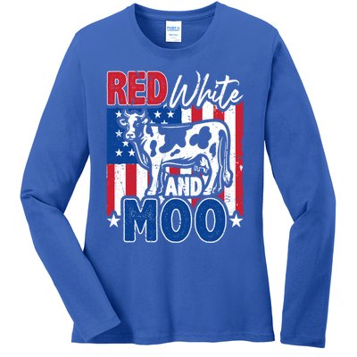 4th Of July Us Flag Red White Moo Farmer Cow Gift Ladies Long Sleeve Shirt