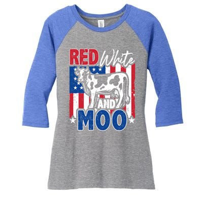 4th Of July Us Flag Red White Moo Farmer Cow Gift Women's Tri-Blend 3/4-Sleeve Raglan Shirt