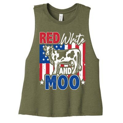 4th Of July Us Flag Red White Moo Farmer Cow Gift Women's Racerback Cropped Tank