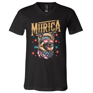 4th Of July Patriotic Funny German Shepherd July 4th Usa Murica V-Neck T-Shirt