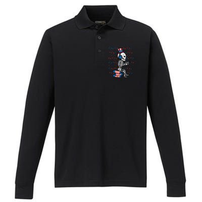 4th Of July Skeleton Gamer Funny America Performance Long Sleeve Polo