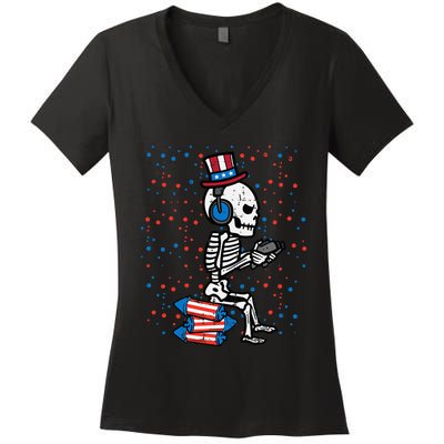 4th Of July Skeleton Gamer Funny America Women's V-Neck T-Shirt