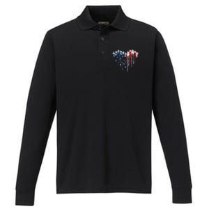 4th Of July Retro Fighter Jet Airplane American Flag Heart Gift Performance Long Sleeve Polo