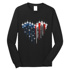 4th Of July Retro Fighter Jet Airplane American Flag Heart Gift Long Sleeve Shirt