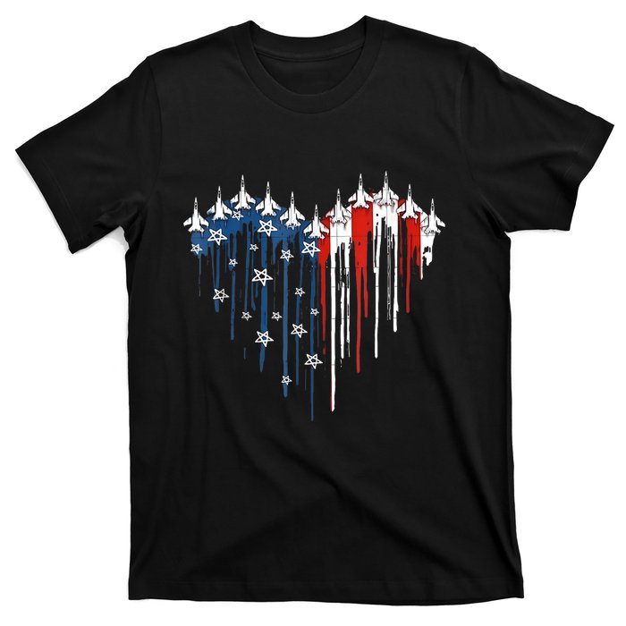 4th Of July Retro Fighter Jet Airplane American Flag Heart Gift T-Shirt