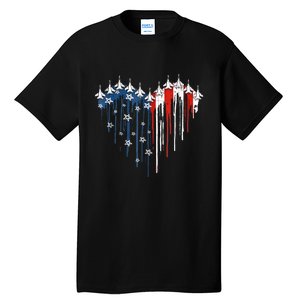 4th Of July Retro Fighter Jet Airplane American Flag Heart Gift Tall T-Shirt