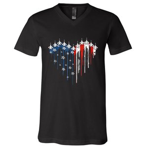 4th Of July Retro Fighter Jet Airplane American Flag Heart Gift V-Neck T-Shirt