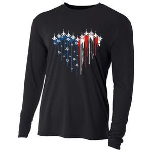 4th Of July Retro Fighter Jet Airplane American Flag Heart Gift Cooling Performance Long Sleeve Crew