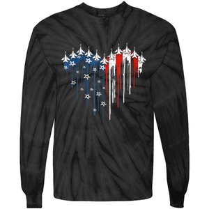 4th Of July Retro Fighter Jet Airplane American Flag Heart Gift Tie-Dye Long Sleeve Shirt