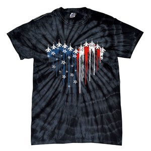 4th Of July Retro Fighter Jet Airplane American Flag Heart Gift Tie-Dye T-Shirt