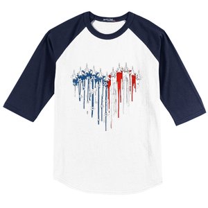 4th Of July Retro Fighter Jet Airplane American Flag Heart Gift Baseball Sleeve Shirt