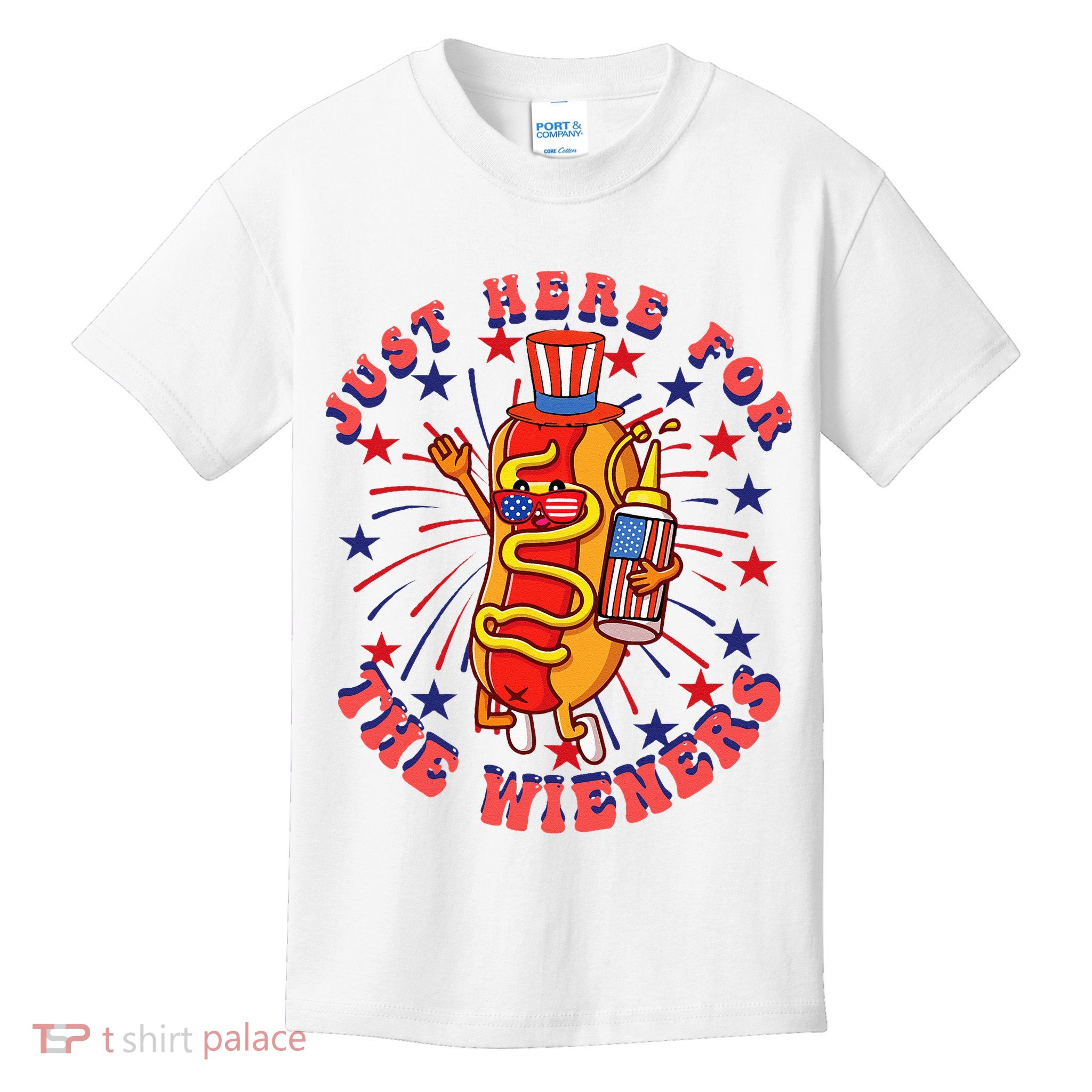 4th Of July I'm Just Here For The Wieners Hot Dogs Funny Kids T-Shirt