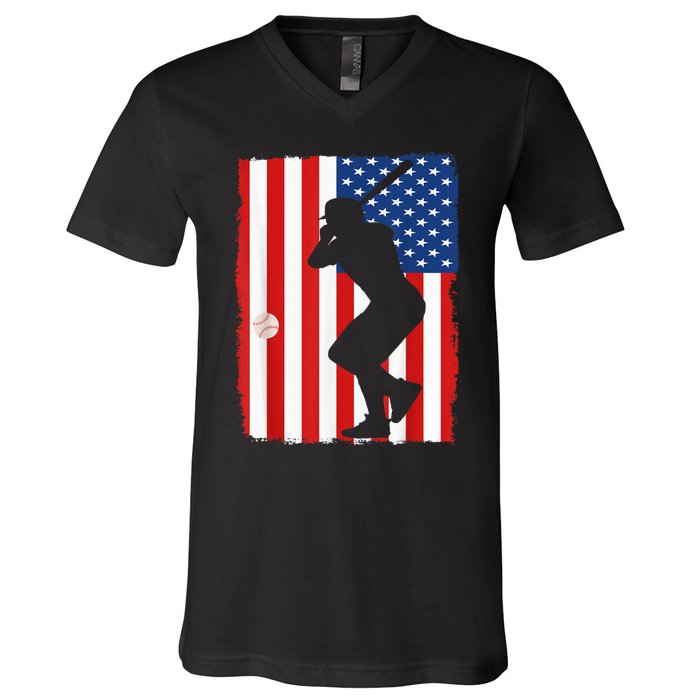 4th Of July Patriotic Baseball  USA American Flag boy V-Neck T-Shirt