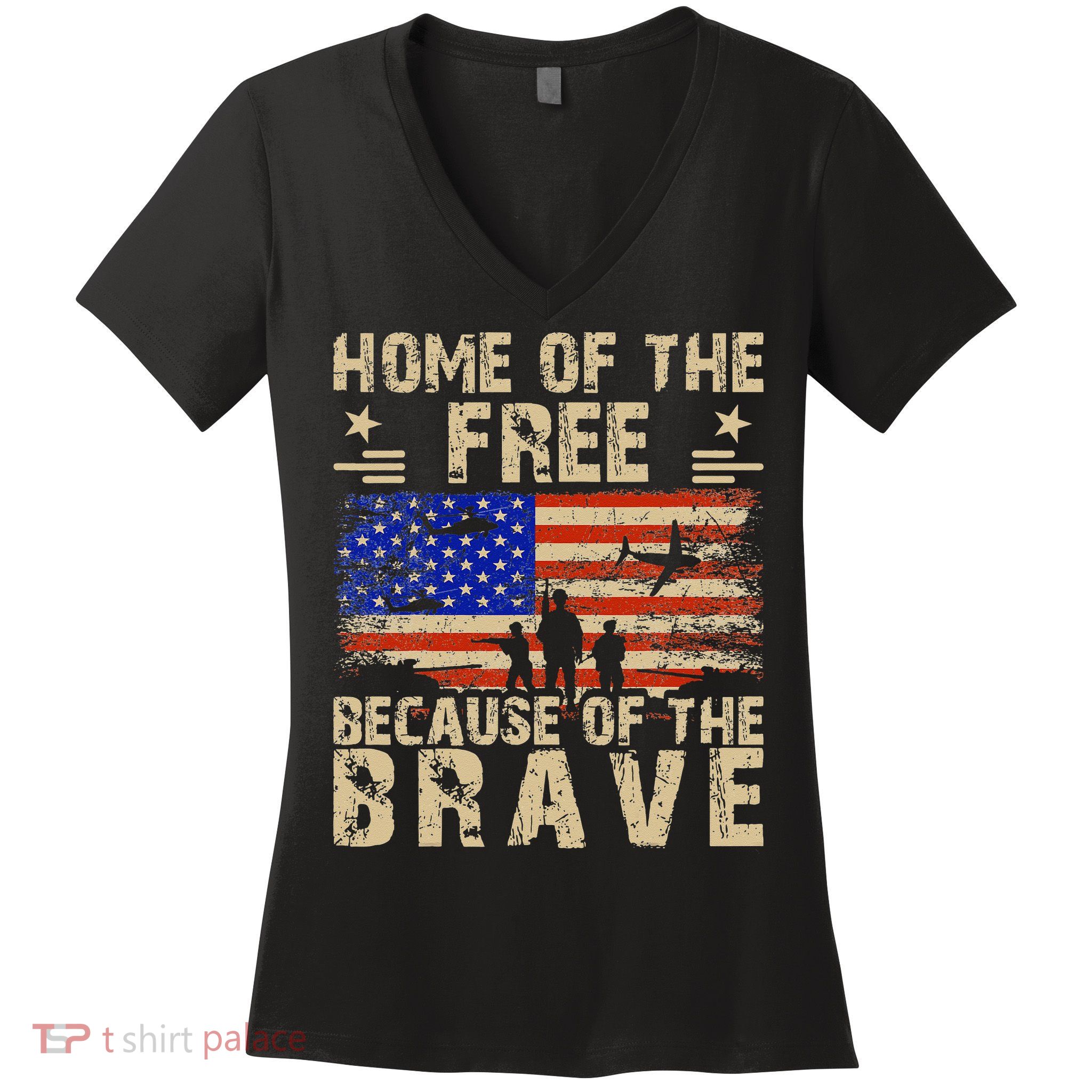 4th of July USA Flag - Home of the Free because of the Brave Women's V-Neck T-Shirt