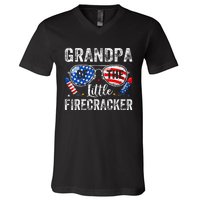 4th Of July Birthday Grandpa Of The Little Firecracker V-Neck T-Shirt