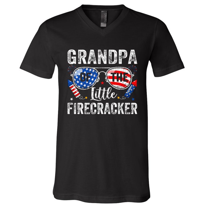 4th Of July Birthday Grandpa Of The Little Firecracker V-Neck T-Shirt