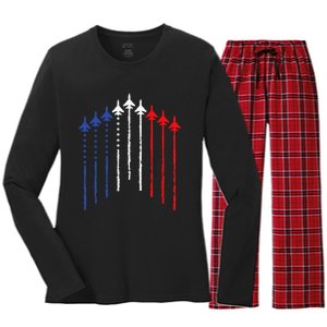 4th Of July Fighter Jet Airplane Red White Blue In The Sky Women's Long Sleeve Flannel Pajama Set 