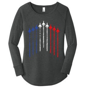 4th Of July Fighter Jet Airplane Red White Blue In The Sky Women's Perfect Tri Tunic Long Sleeve Shirt