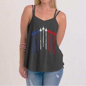 4th Of July Fighter Jet Airplane Red White Blue In The Sky Women's Strappy Tank