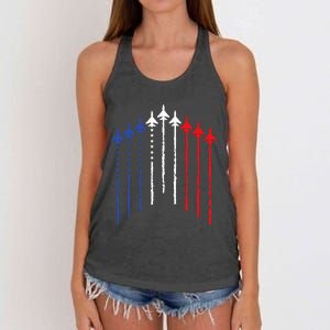 4th Of July Fighter Jet Airplane Red White Blue In The Sky Women's Knotted Racerback Tank