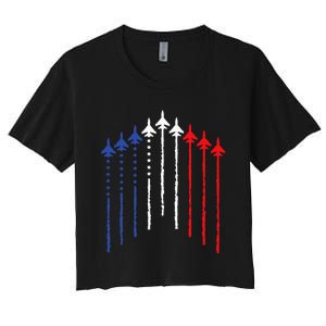 4th Of July Fighter Jet Airplane Red White Blue In The Sky Women's Crop Top Tee