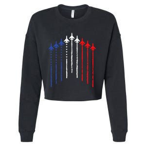 4th Of July Fighter Jet Airplane Red White Blue In The Sky Cropped Pullover Crew