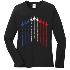 4th Of July Fighter Jet Airplane Red White Blue In The Sky Ladies Long Sleeve Shirt