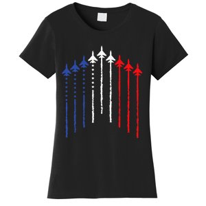 4th Of July Fighter Jet Airplane Red White Blue In The Sky Women's T-Shirt