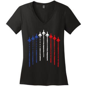 4th Of July Fighter Jet Airplane Red White Blue In The Sky Women's V-Neck T-Shirt