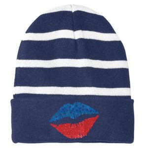 4th Of July Lips Holiday Striped Beanie with Solid Band