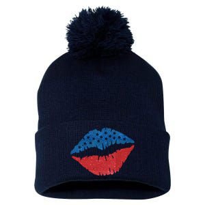 4th Of July Lips Holiday Pom Pom 12in Knit Beanie