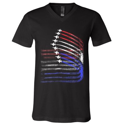 4th Of July Jet American Flag Patriotic Usa V-Neck T-Shirt