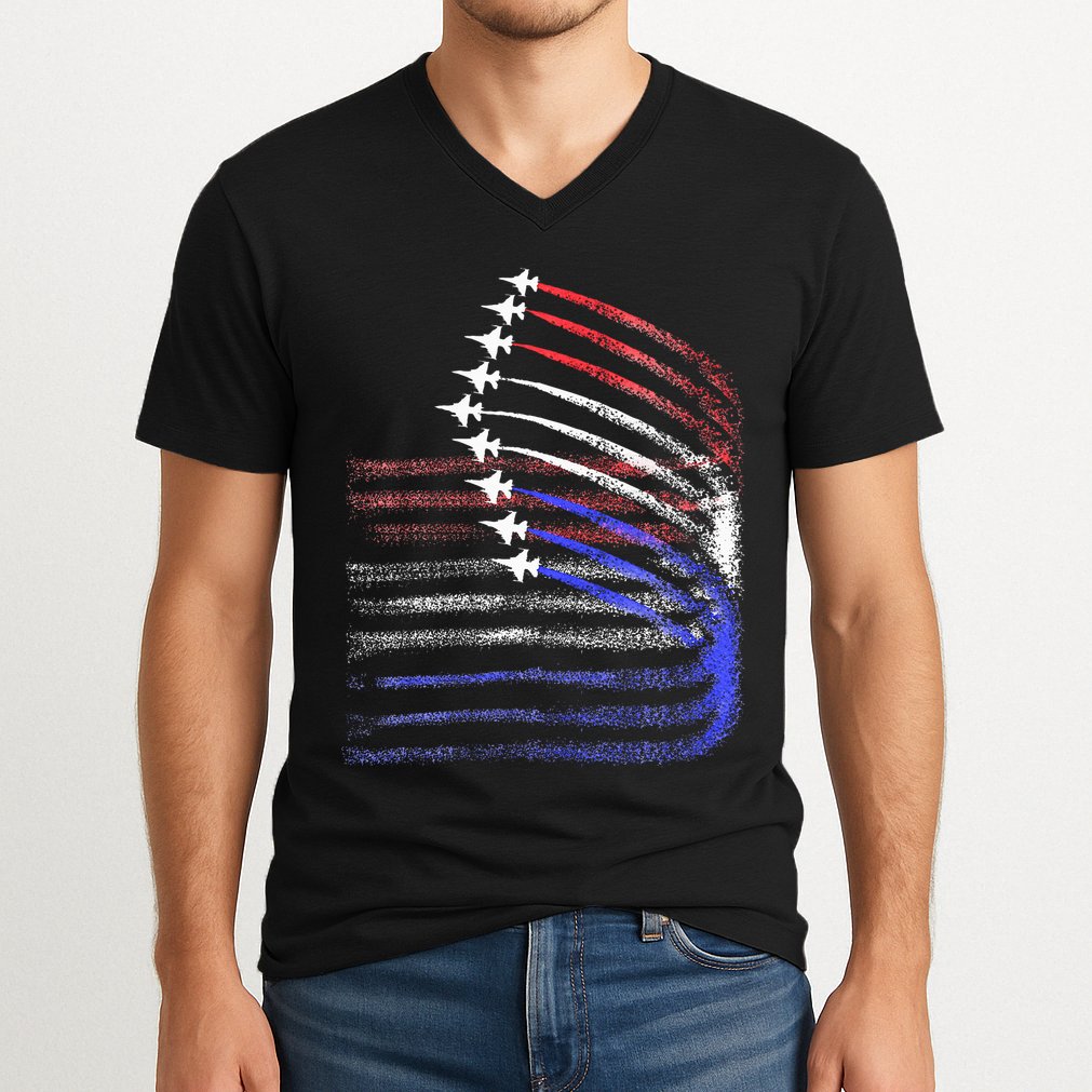 4th Of July Jet American Flag Patriotic Usa V-Neck T-Shirt
