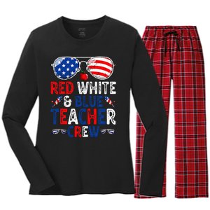 4th Of July Red White & Blue Teacher Crew American Flag Women's Long Sleeve Flannel Pajama Set 